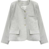 Chic Single-Breasted Blazer with Round Neck and Pocket Detail