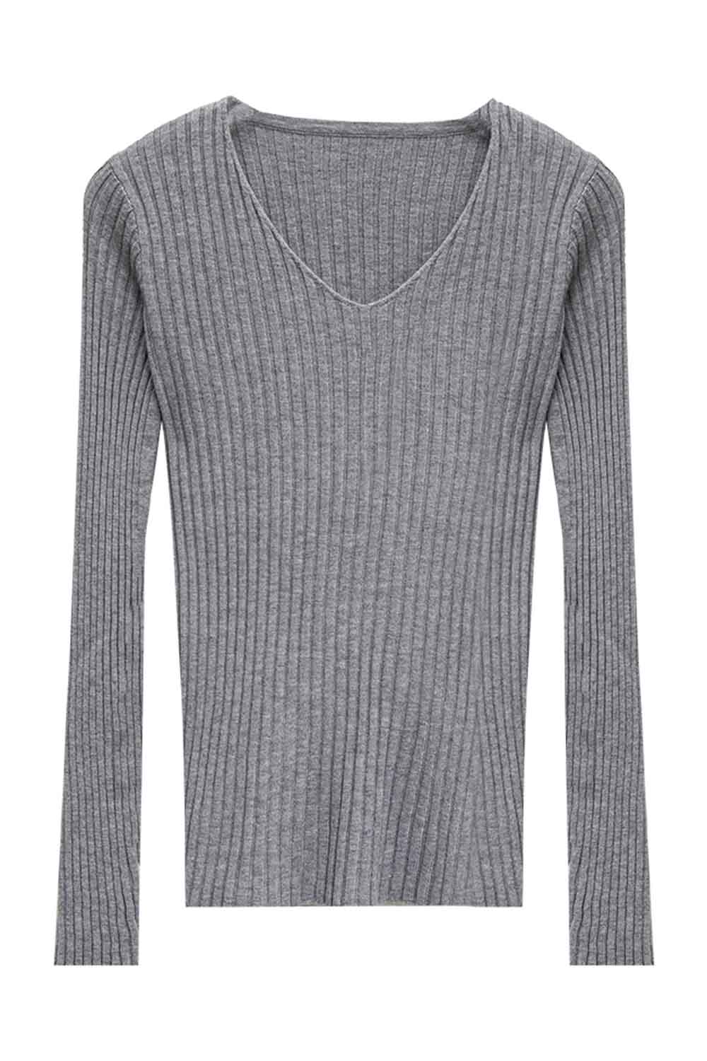 Sweater Bertali Berusuk V-Leher Wanita