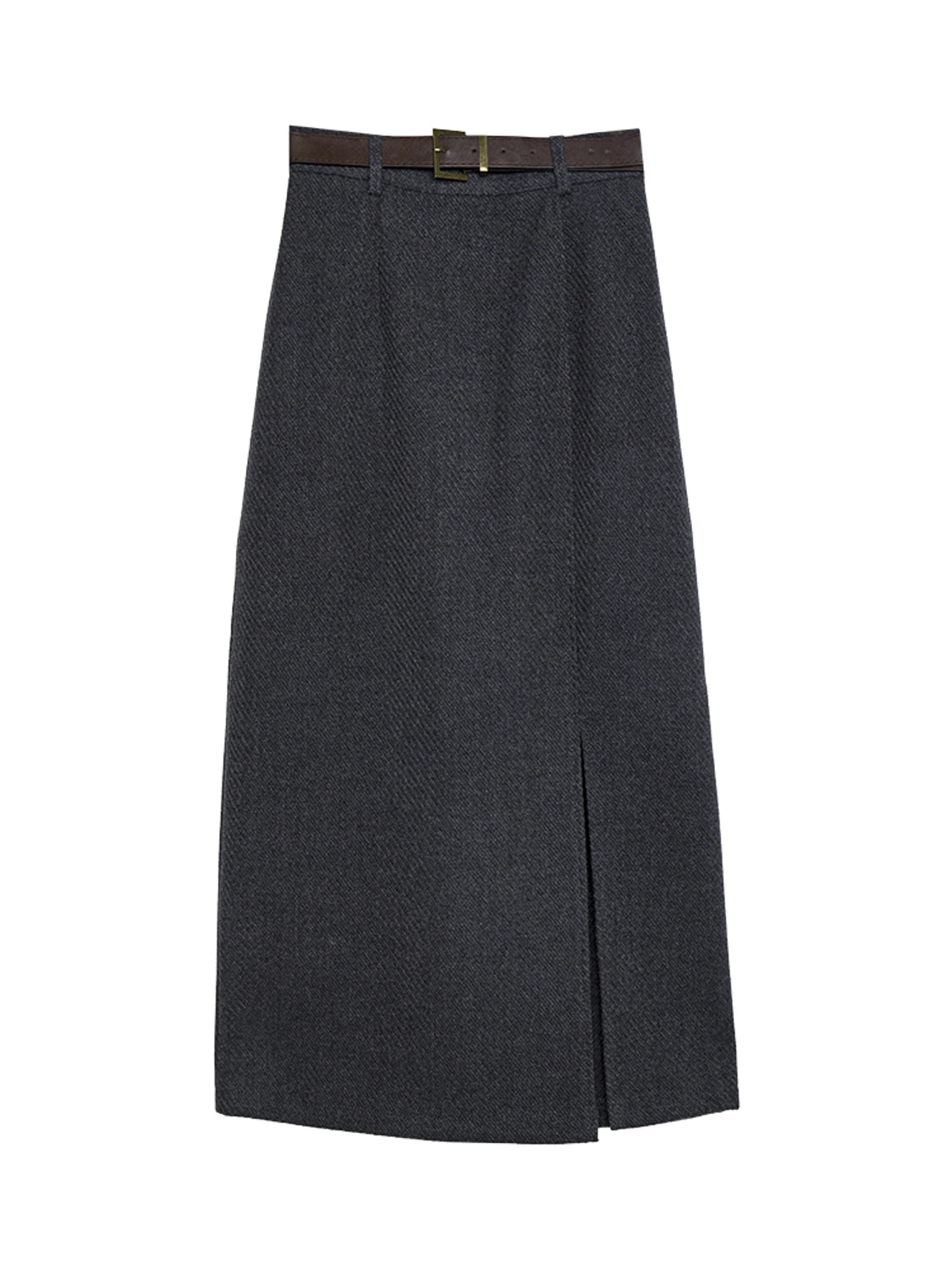 非対称の裾とベルトのディテールが施されたスタイリッシュなレディースミディスカート