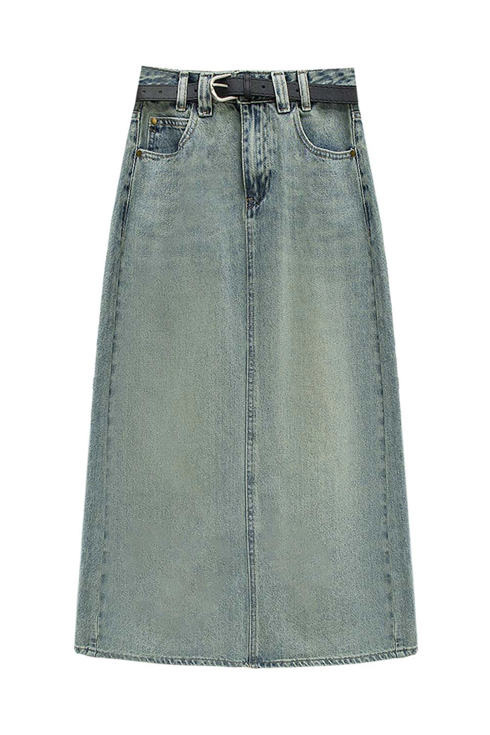 Skirt Denim A-Line Berpinggang Tinggi yang bergaya dengan Tali Pinggang