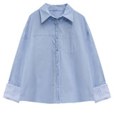 Women's Chic Oversized Button-Down Shirt with Striped Cuff Detail