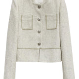 Women's Elegant Textured Jacket with Patch Pockets and Button Front