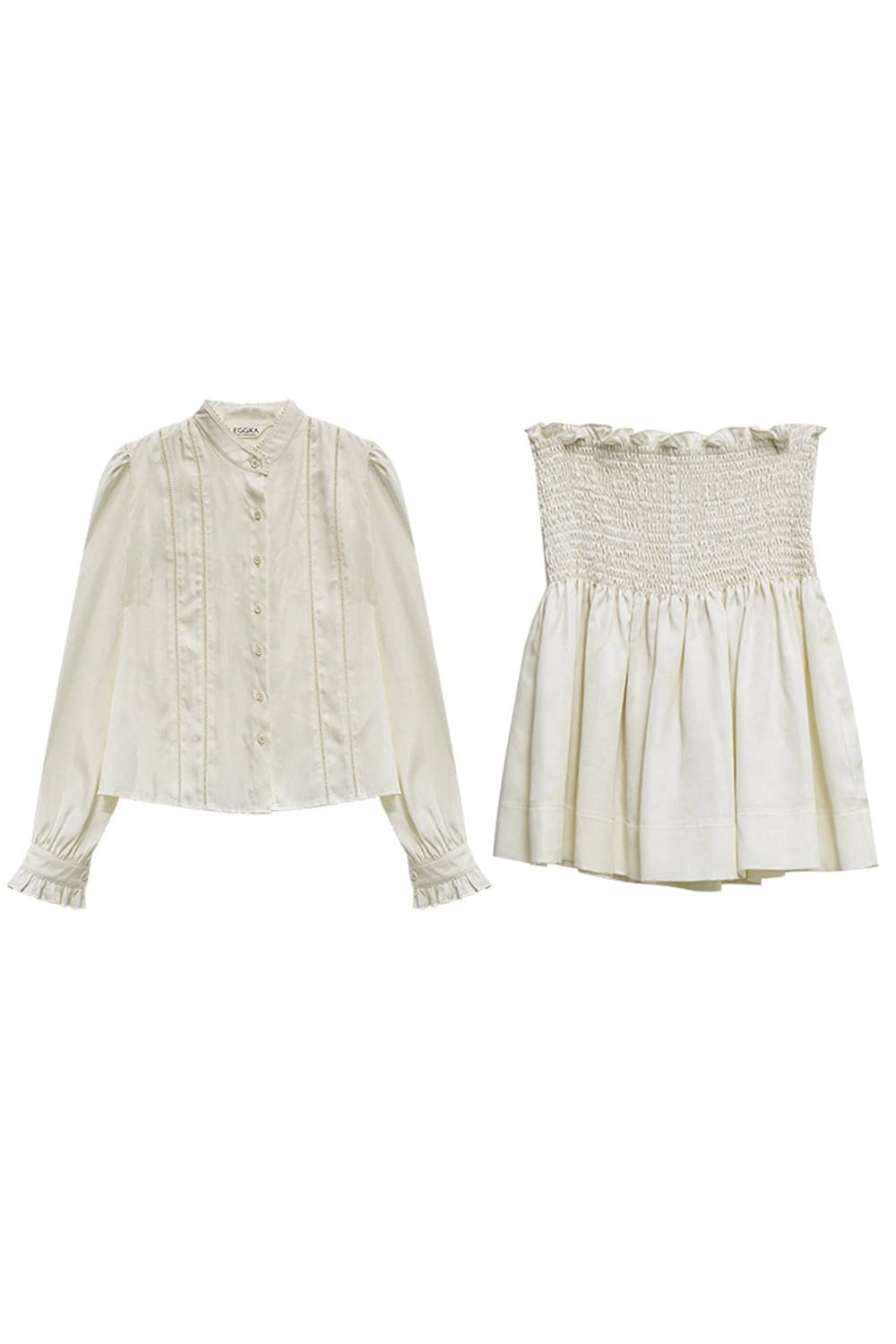 Chic Smocked Waist Skirt & Vintage Button-Up Blouse Set
