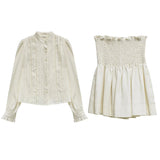 Chic Smocked Waist Skirt & Vintage Button-Up Blouse Set