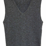 Áo vest dệt kim cổ chữ V không tay màu xám than
