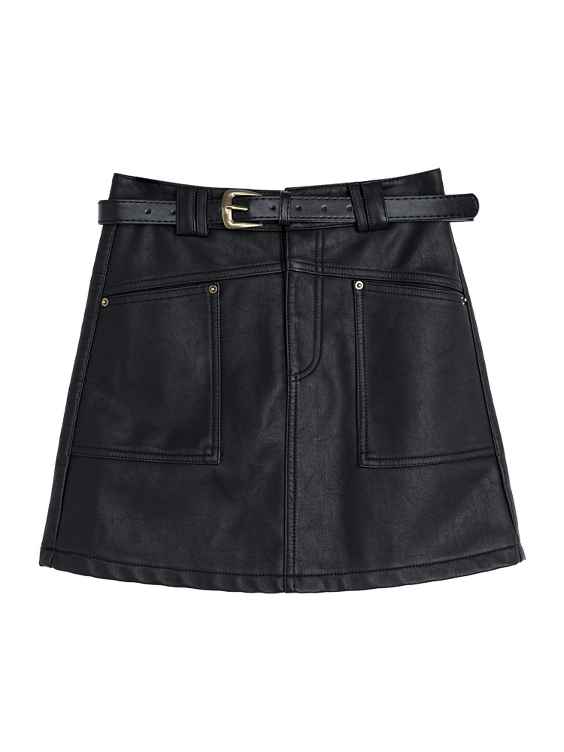Women's Faux Leather Mini Skirt with Pocket Detail and Belt