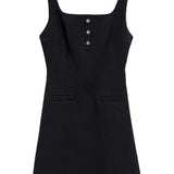 Sleeveless A-line Dress with Henley Neckline and Front Pockets