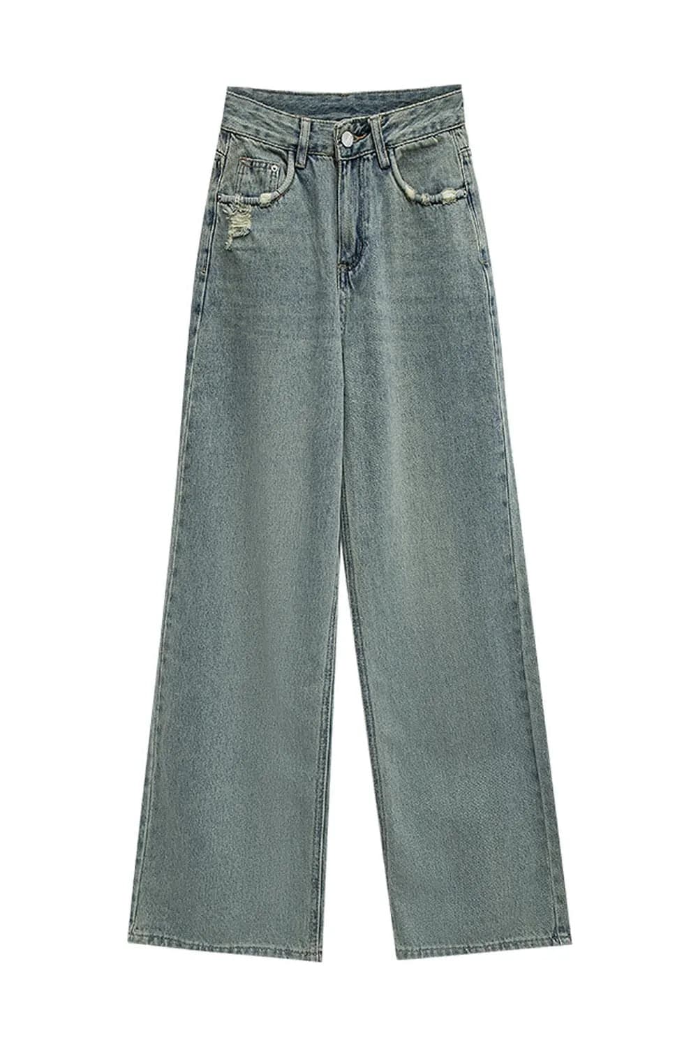 Jeans Denim Kaki Lebar Pinggang Tinggi yang bergaya dengan Cuci Vintaj