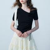 tylish Short Sleeve Top with Asymmetric Neckline and Ruched Detai