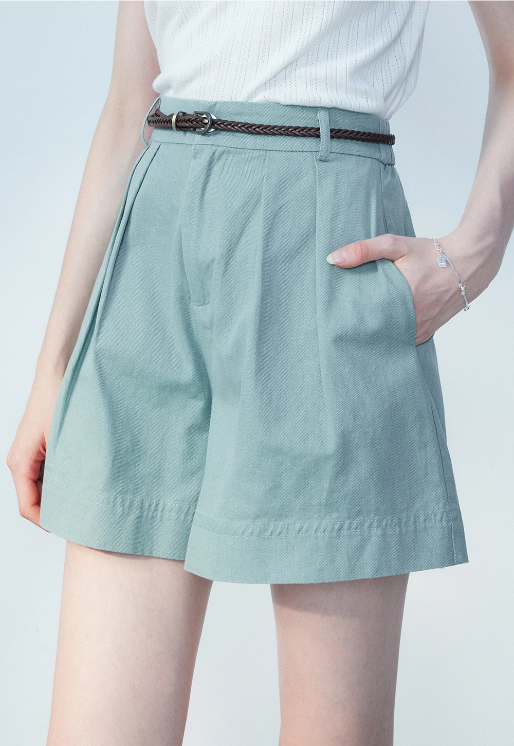 Chic Pleated Shorts with Braided Belt Detail