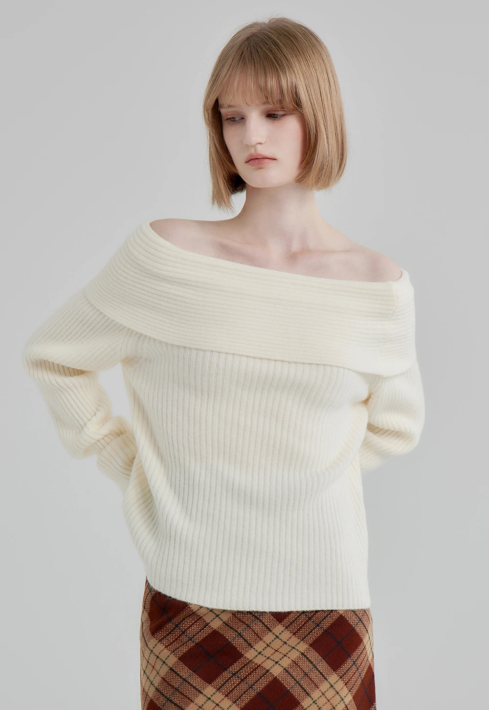 Women's Cream Off-Shoulder Ribbed Knit Sweater - Long Sleeve Pullover