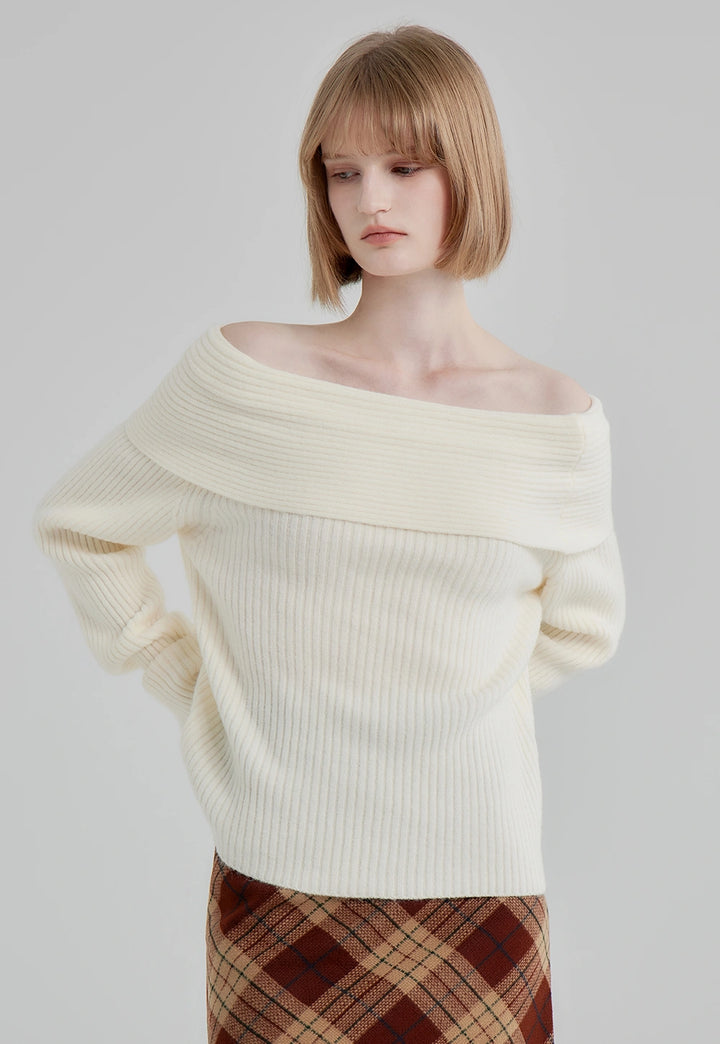 Women's Cream Off-Shoulder Ribbed Knit Sweater - Long Sleeve Pullover