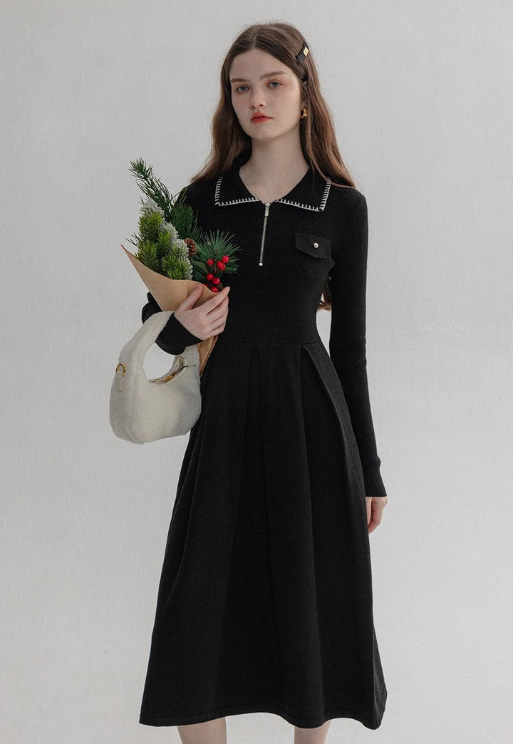 Elegant Long-Sleeve Knit Midi Dress with Black Trim and Zip Detail - Stylish Comfort