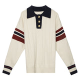 Classic Collegiate Sweater with Striped Trim and Buttoned Placket