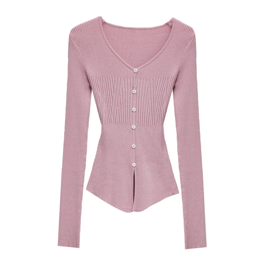 Women's Ribbed Button-Front Cardigan with V-Neck Design