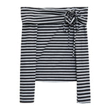 Nautical Striped Off-Shoulder Top with Bow