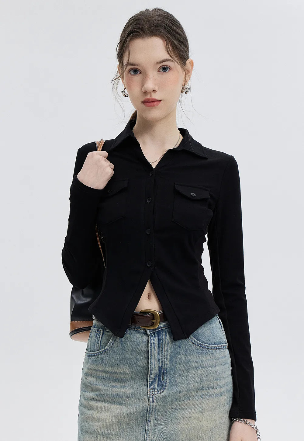 Women's Tailored Waist Button-Down Blouse with Pointed Collar
