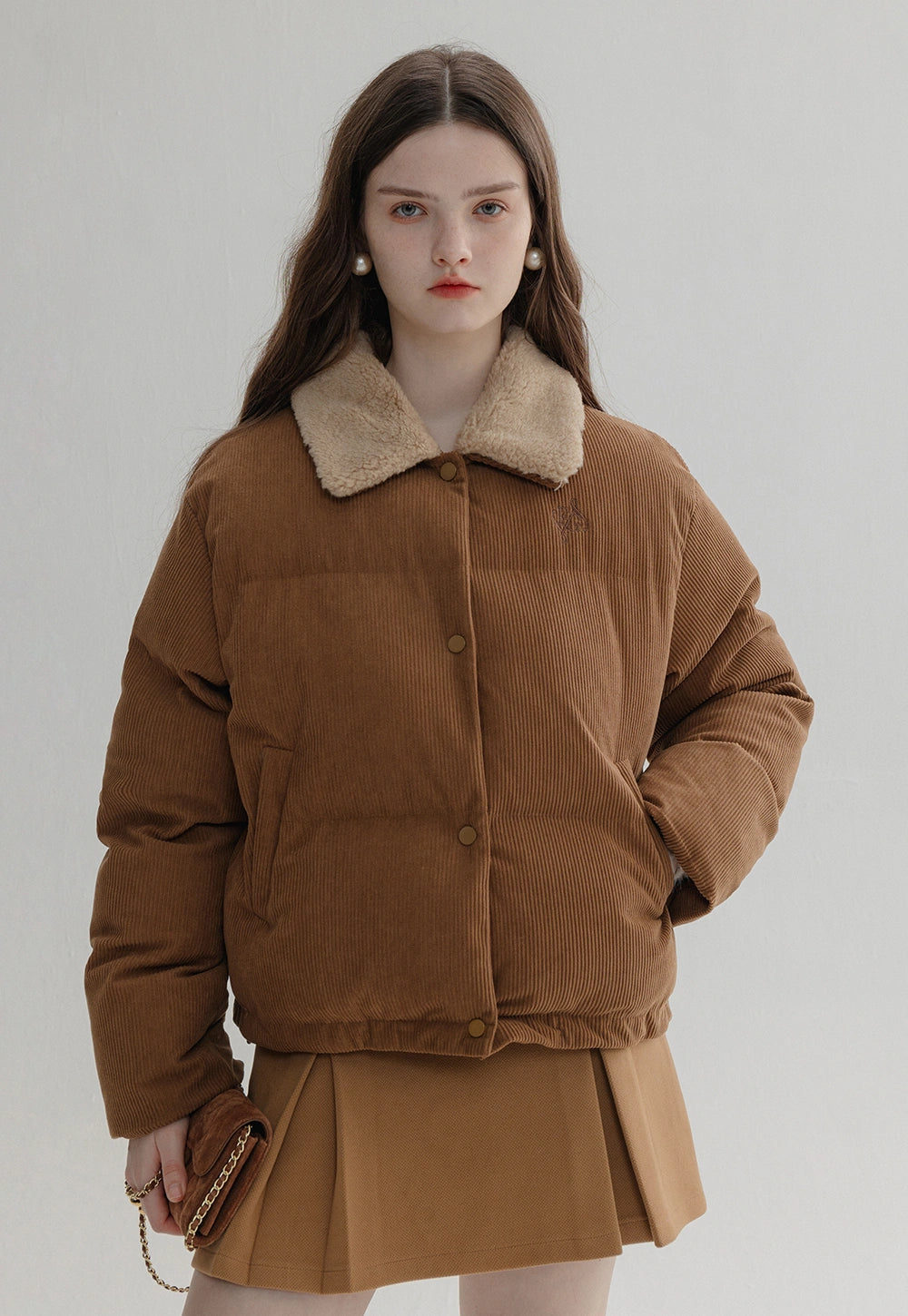 Jaket Kapas Korduroi Wanita dengan Kolar Fleece - Pakaian Luar Musim Sejuk Bergaya