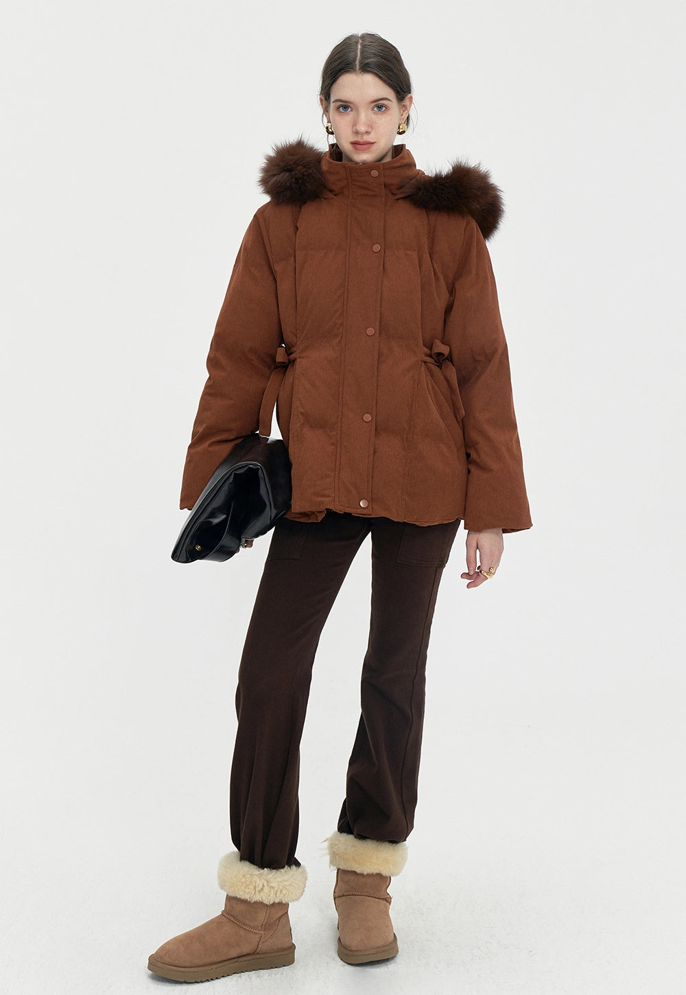 Women's Brown Hooded Padded Cotton Jacket with Fur Trim