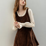 Vintage Corduroy Lace-Up Pinafore with Classic Puff-Sleeve Blouse