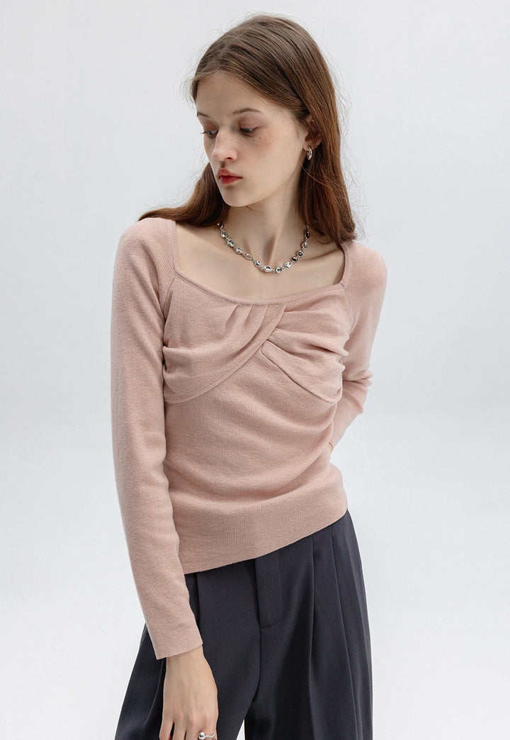 Women's Long Sleeve Square Neck Knit Top with Twist Front Detail