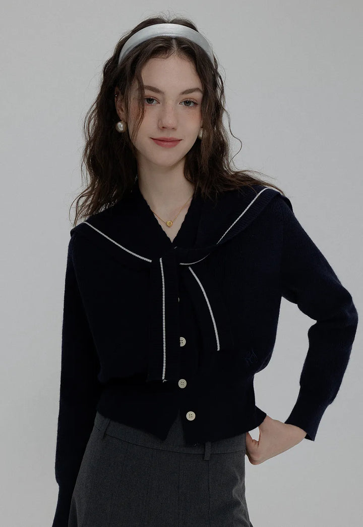 Women's Nautical Style Cardigan Sweater with Stripe Detail and Tie Collar
