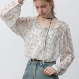 Women's Romantic Ruffled Blouse with Floral Pattern and Front Tie