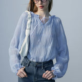Gathered Ruffle Neckline Blouse with Full Sleeves and Textured Detail
