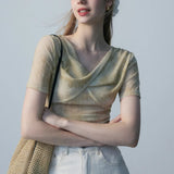 Elegant Draped Cowl Neck Top with Textured Fabric, Short Sleeve Design