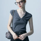 Chic V-Neck Knit Top with Front Knot, Versatile Wear