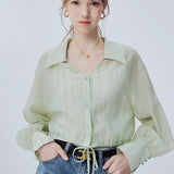 Trendy Cropped Blouse with Button-Up Front and Tie Hem Detail