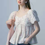 Floral Puff Sleeve Blouse with Knot Detail and Elasticated Neckline