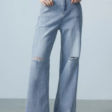 Seluar Jeans Kaki Lebar Bermasalah - Cuci Ringan dengan Perincian Edgy