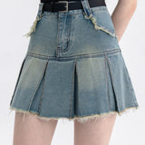 Skirt Mini Denim Ruffle Berlapis Kasual dengan Tali Pinggang