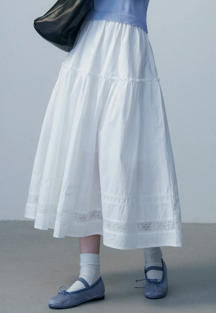 White Lace Cotton Midi Skirt - Summer Casual Wear