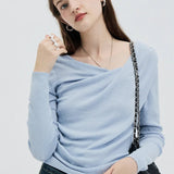 Draped Cowl Neck Knit Top with Asymmetrical Hem