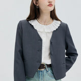 Women's Classic Blazer with Scalloped Collar and Front Button Closure
