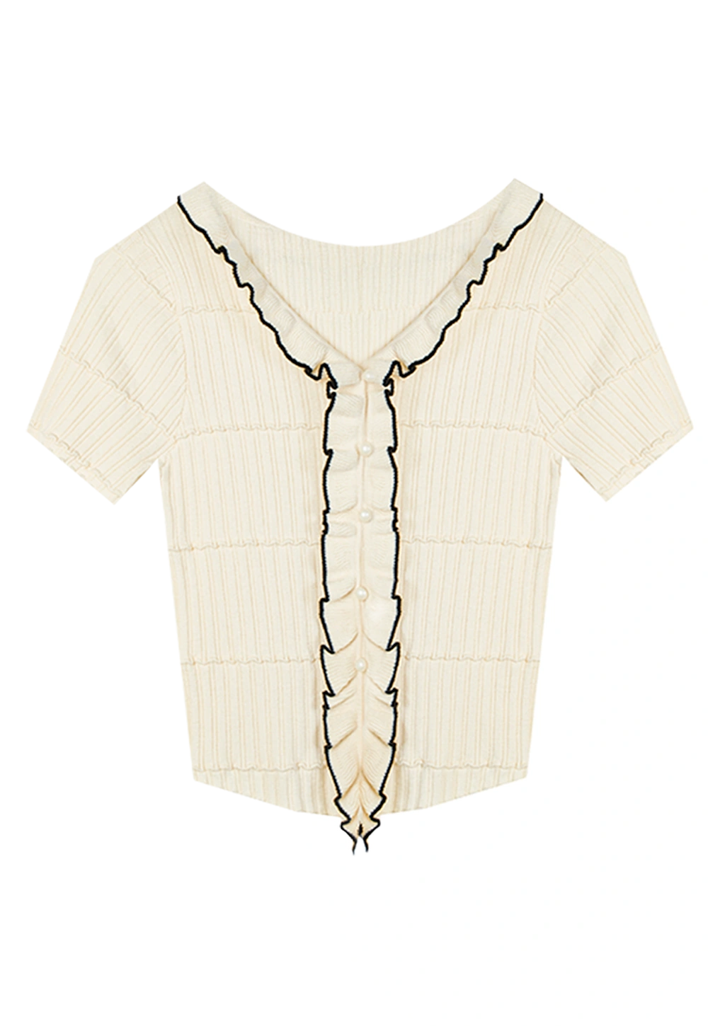 Women's Chic Cream Knit Top with Black Scalloped Trim and Pearl Buttons