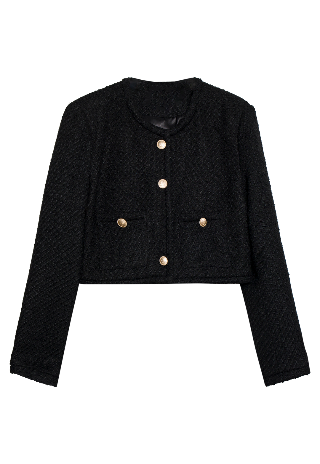 Women's Black Tweed Jacket with Round Neck and Gold Buttons