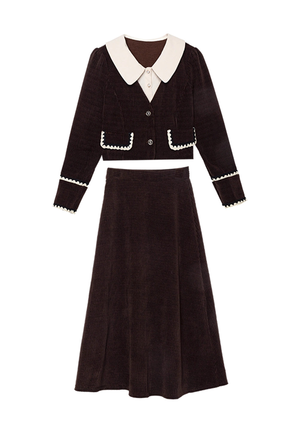 Women's Two-Piece Set: Black Long Sleeve Top with White Collar and Trim, and A-Line Skirt