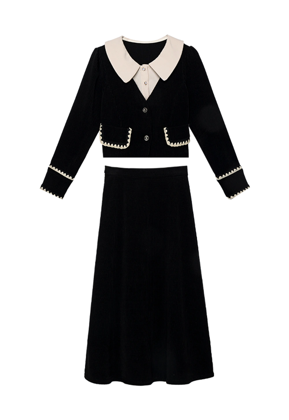 Women's Two-Piece Set: Black Long Sleeve Top with White Collar and Trim, and A-Line Skirt