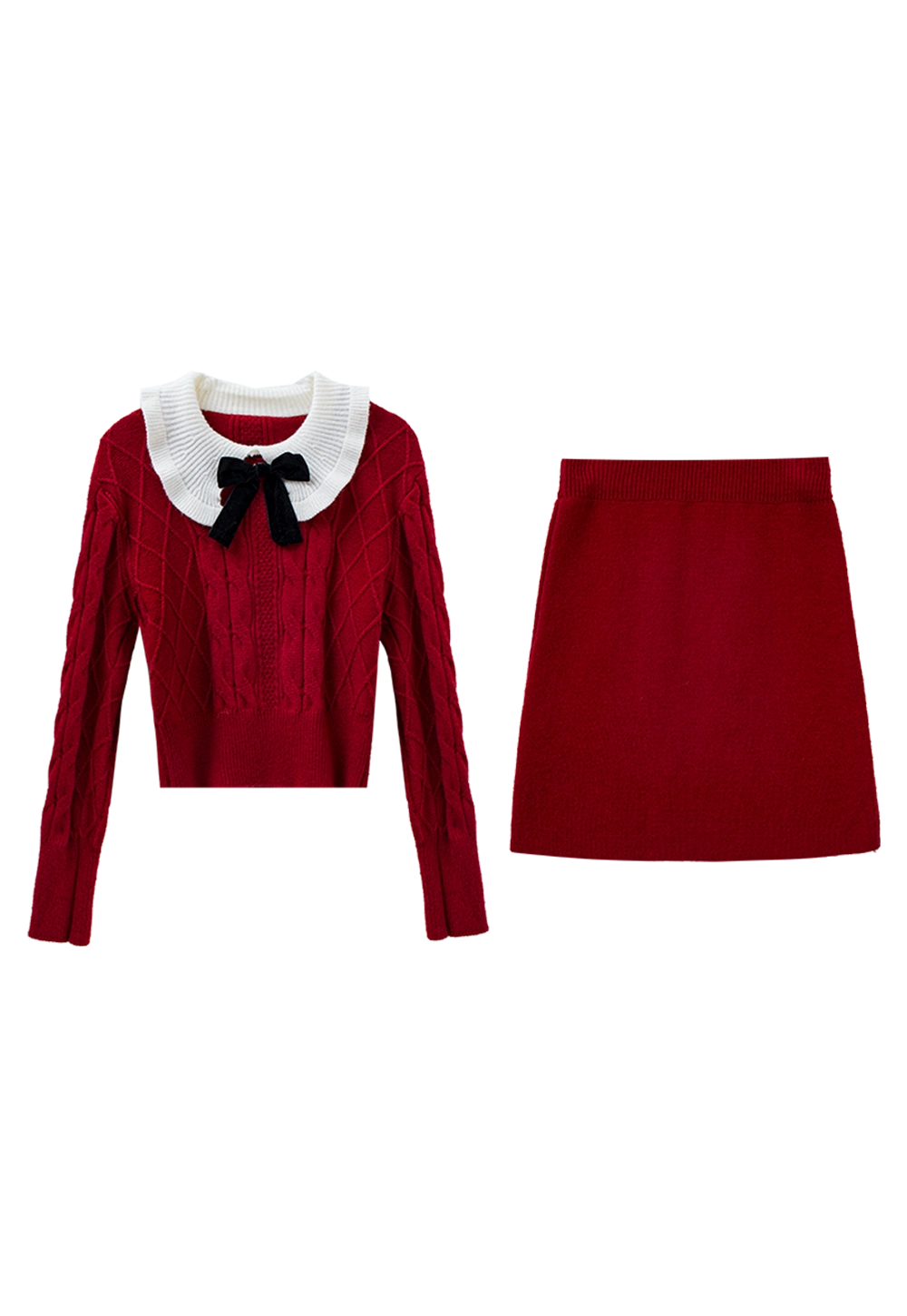 Women's Two-Piece Knit Set - Cable Knit Sweater with Contrasting Collar and Bow Detail