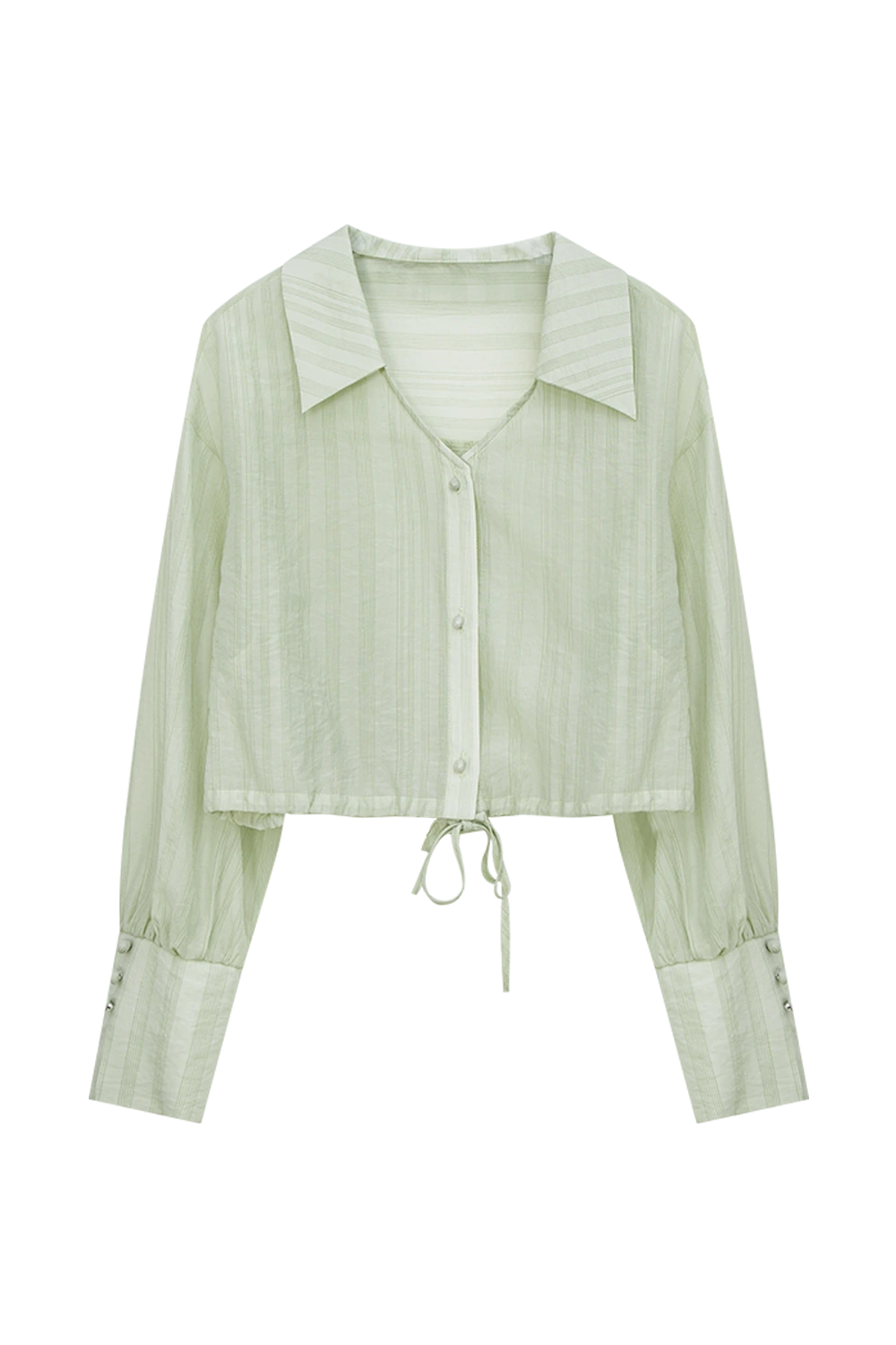 Trendy Cropped Blouse with Button-Up Front and Tie Hem Detail