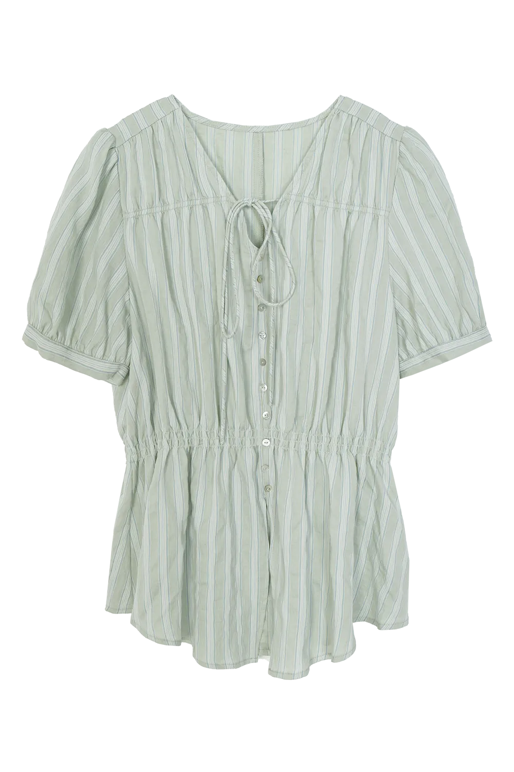 Women's Striped Short Sleeve Blouse with Drawstring Neckline