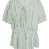 Women's Striped Short Sleeve Blouse with Drawstring Neckline