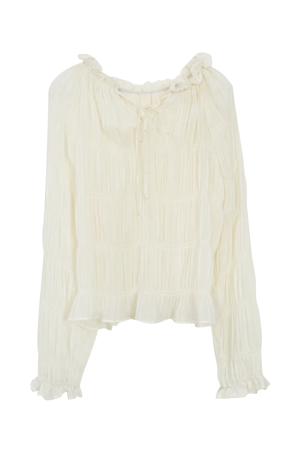 Gathered Ruffle Neckline Blouse with Full Sleeves and Textured Detail