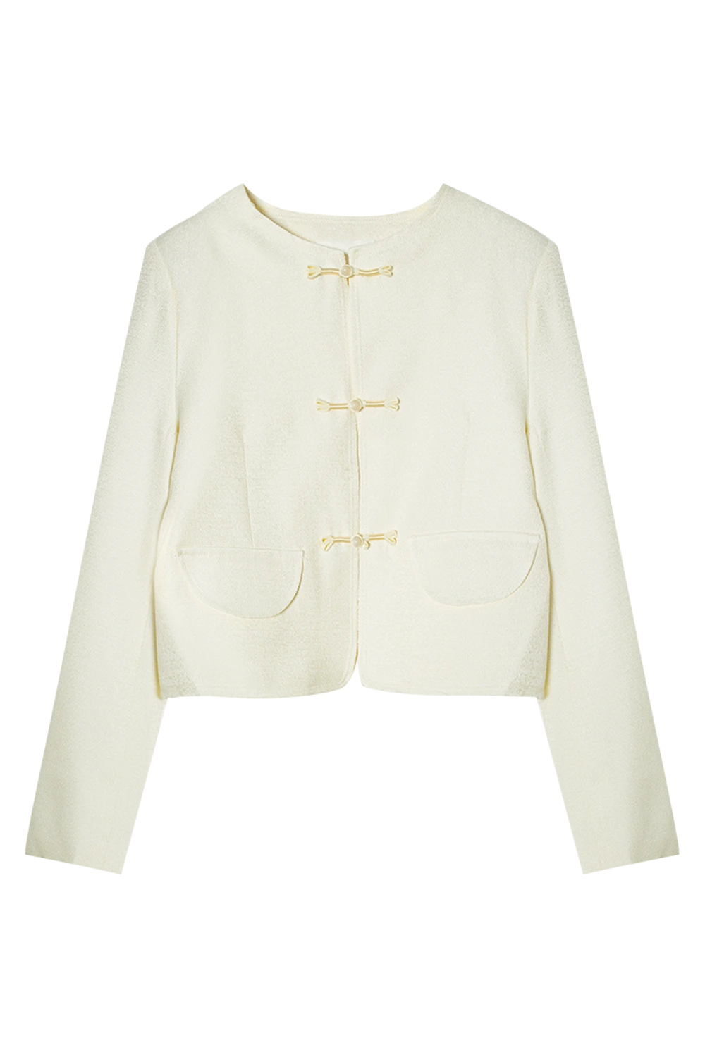 เสื้อแจ็คเก็ตครอป Bouclé ที่มีพื้นผิวพร้อมตะขอปิดอันเป็นเอกลักษณ์
