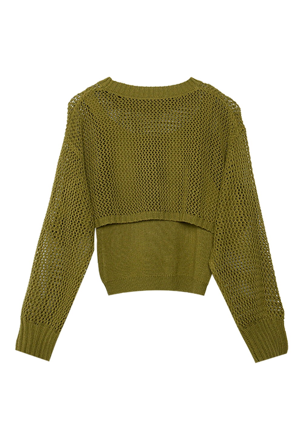 Women's Olive Green Mesh Knit Sweater with Ribbed Hem