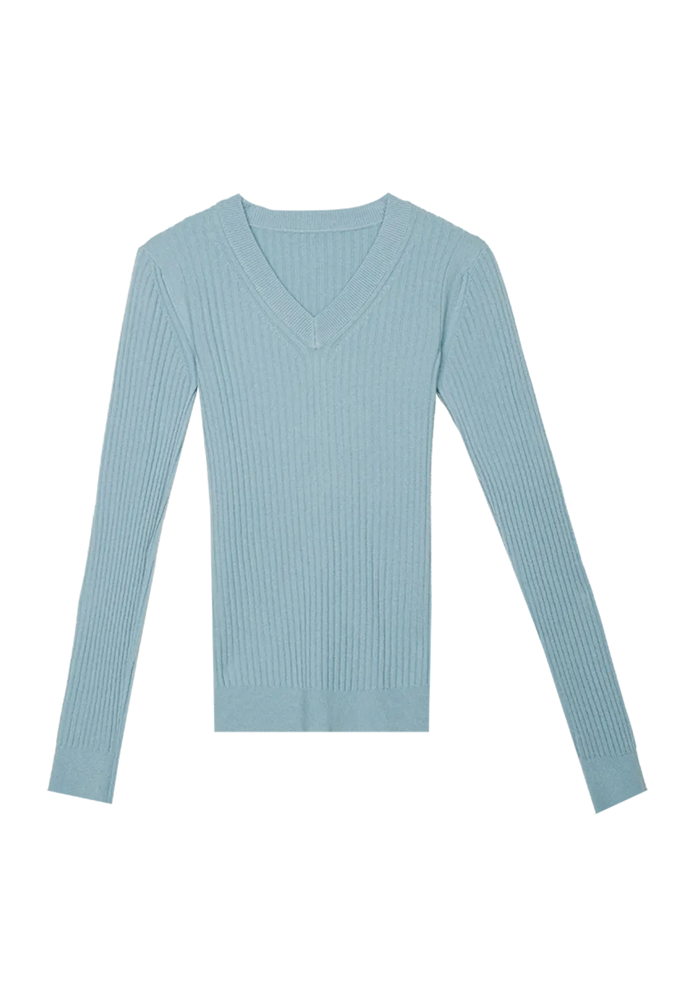 Sweater Bertali Berusuk V-Leher Wanita - Pullover Lengan Panjang