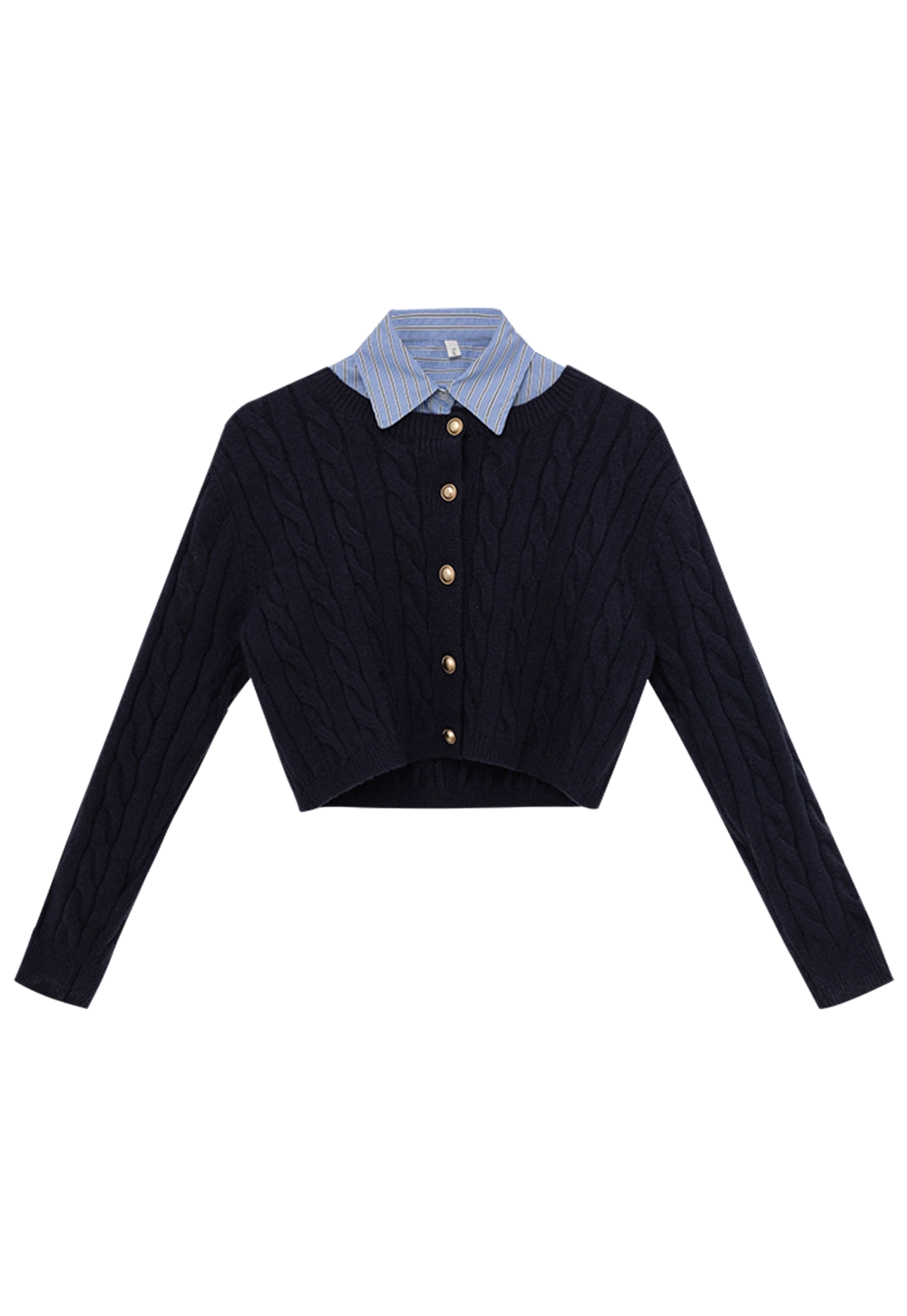 Navy Blue Cable Knit Cardigan with Contrasting Striped Collar - Preppy and Polished
